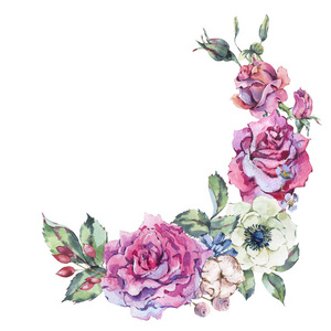 自然花花环与花,海葵,棉花,叶子和花蕾,植物插图隔离在白色背景照片