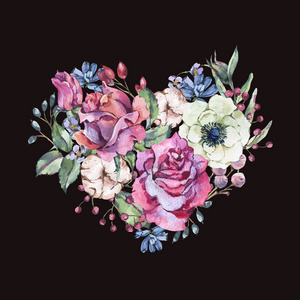 装饰复古水彩花心粉玫瑰，自然贺卡与花，海葵，棉花，叶子和花蕾，植物插图隔离在黑色背景