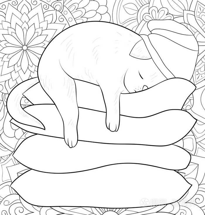 一只可爱的卡通猫戴着圣诞帽睡在枕头上在花卉抽象的背景图像上放松