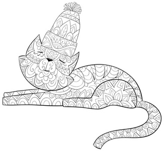 一只可爱的猫，戴着圣诞帽，戴着装饰物，用来放松活动。着色书，成人页..禅宗艺术风格插图供印刷。海报设计。