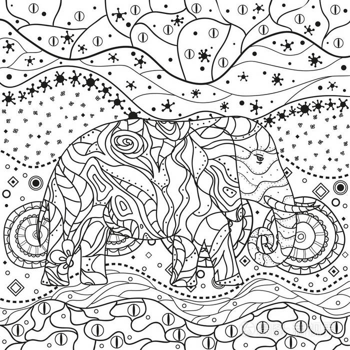 曼达拉的抽象大象。 手绘动物，在隔离背景上有图案。 成人精神放松的设计。 彩色黑白插图