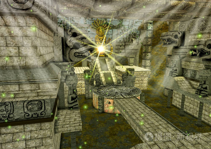 一个幻想玛雅神庙的场景有一个金色的偶像和石头雕像