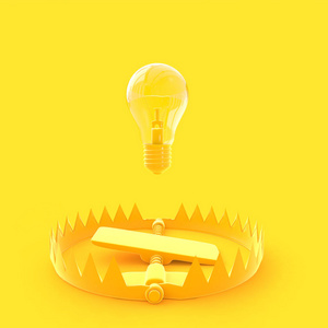 灯泡漂浮在陷阱上，黄色的糊状颜色与剪裁路径。 概念块和最小概念3D渲染。