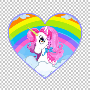 爱粉红色马卡通白色小马独角兽头与粉红色鬃毛肖像内明亮彩虹与云心