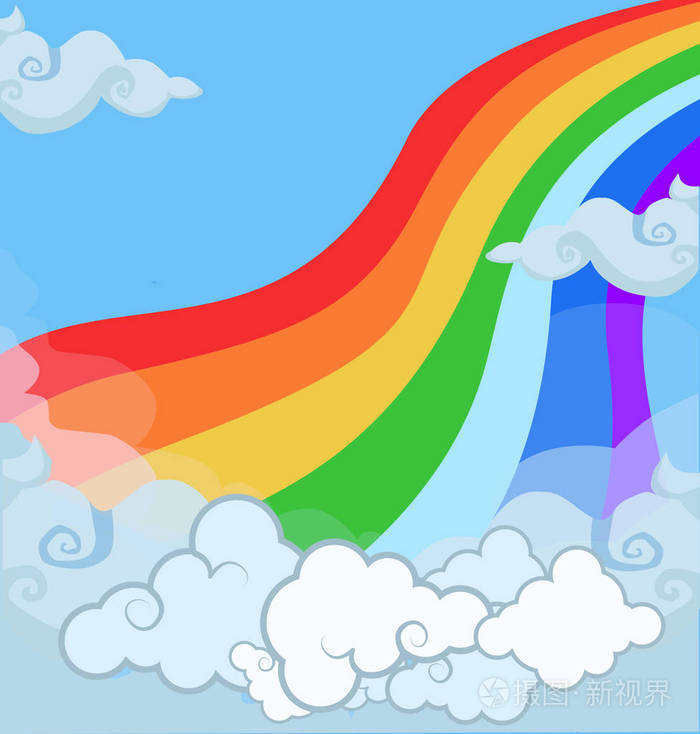 卡通矢量明亮彩色婴儿插图幻想神奇的景观彩虹在多云的天空。 抽象纹理与云关闭视图和复制空间模板。 独角兽童话背景