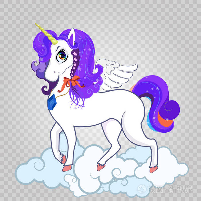 优雅的白色独角兽在云层上孤立在透明的背景上.