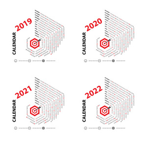 日历2019，2020，2021和2022日历模板。日历设计。每年日历矢量设计文具模板。矢量插图。