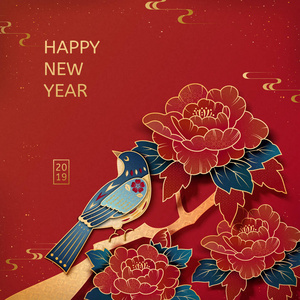 仰望天空背影美丽的喜鹊站在牡丹上,仰望天空的红色背景照片