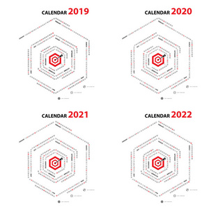 日历2019，2020，2021和2022日历模板。日历设计。每年日历矢量设计文具模板。矢量插图。