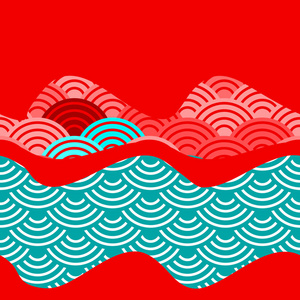 简单的风扇背景与中国波浪圈无缝图案，蓝色，红色，粉红色，卡片设计。 矢量插图