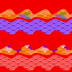 简单的风扇背景与中国波圈无缝图案紫罗兰紫红黄橙色卡片设计。 矢量插图