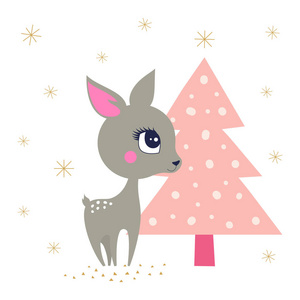 可爱的驯鹿和树木卡通插图圣诞节和新年卡片模板雪花