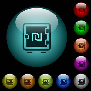 新谢克尔强盒图标在彩色照明球形玻璃按钮在黑色背景。 可用于黑色或深色模板