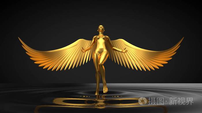 天使的概念从黑色液体中上升的女性角色3d插图