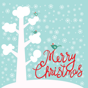 s card design tree with white snow on the branches, birds, snowf