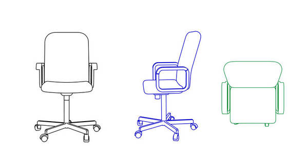 办公椅图标。 矢量轮廓图。 不同的观点。
