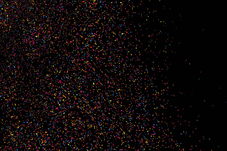 纸屑的抽象爆炸。 彩色粒状纹理孤立在黑色背景上。 彩色污渍和斑点。 矢量覆盖元素。 数字生成的图像。 插图EPS10。
