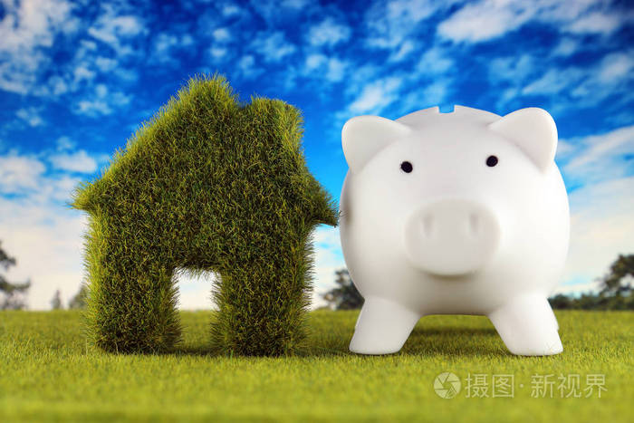 猪银行和绿色生态房屋图标概念与草和蓝天背景。可再生能源。电价，户内节能..