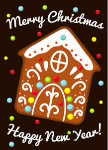 圣诞姜饼屋饼干。季节性贺卡设计，复古风格的新年假期。