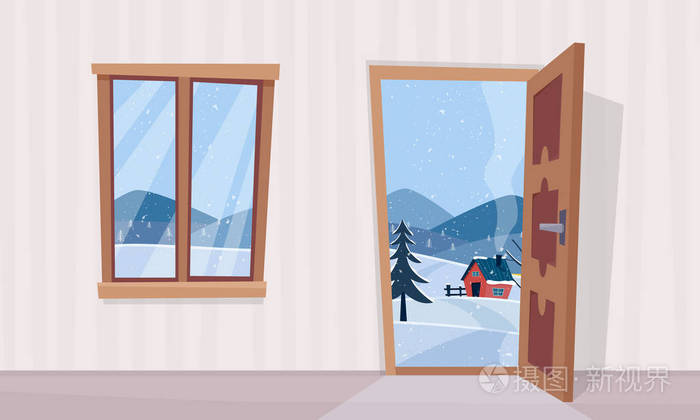 窗户和门与冬天风景