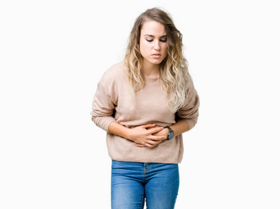 在孤立的背景上,手放在肚子上,因为消化不良,痛苦的疾病,感觉不舒服
