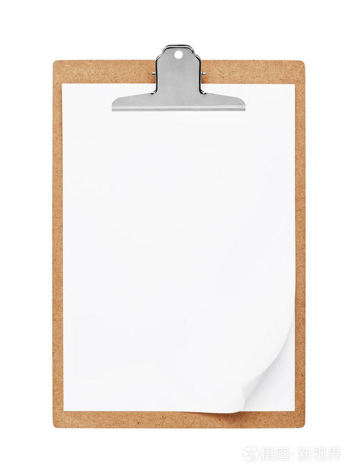 木质剪贴板,空白纸隔离在白色背景,包括裁剪路径