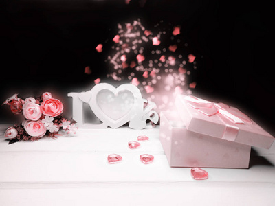 s day gift box with hearts rose on shiny background 