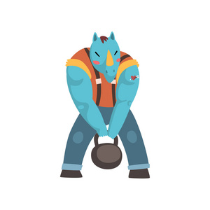 拟人化的字符肌肉犀牛人, 犀牛头动物字符举起重量向量例证在白色背景