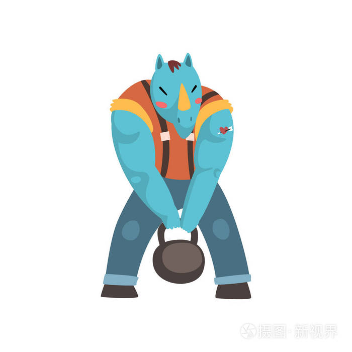 肌肉犀牛人, 犀牛头动物字符举起重量向量例证在白色背景