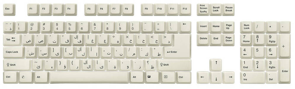 阿拉伯语键盘。 顶部视图的键从白色经典桌面键盘隔离在白色。 完整的字母表和数字。 高分辨率图像。 包括裁剪路径。