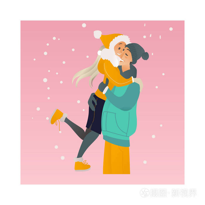 向量素描爱好者拥抱在冬天步行