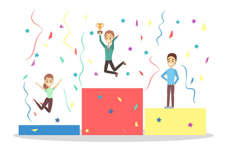 拿着奖杯杯的人庆祝成功.团队合作的理念照片