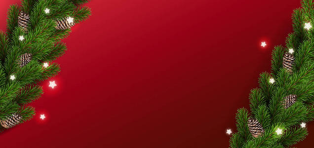 圣诞红色背景与花环的圣诞树树枝雪花星星。 圣诞节和新年卡。 矢量插图
