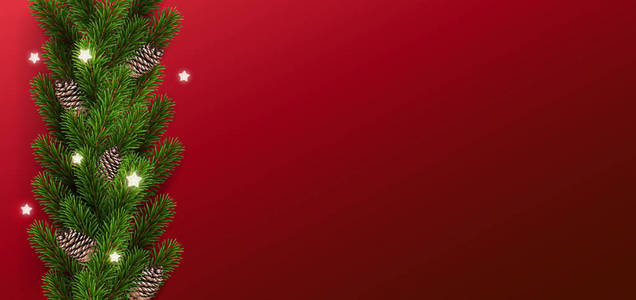 圣诞红色背景与花环的圣诞树树枝雪花星星。 圣诞节和新年卡。 矢量插图