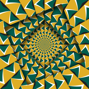 与箭头的移动抽象移位帧与移动的绿色黄色箭头图案. 光学错觉背景.