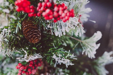 小圣诞树的细节，雪槲寄生和松果装饰，舒适的节日寒假感觉