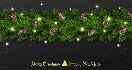 圣诞快乐印刷在黑色的背景上，花环的树枝装饰着星星的灯光雪花。 圣诞节和新年主题。 矢量插图
