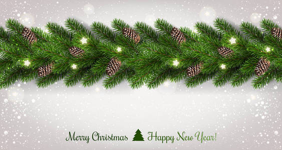 圣诞快乐印在白色的背景上，花环上装饰着星星的树枝，雪花。 圣诞节和新年主题。 矢量插图