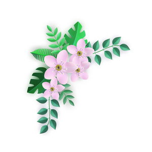 角落花构成的向量例证与粉红色的花和绿叶