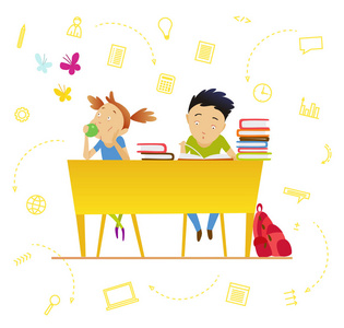 回学校去可爱的小学生在地理, 文学, 体育, 生物学, 植物学, 化学