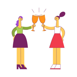 在公司聚会或生日庆祝活动中，矢量造型的年轻女性用全杯香槟敬酒。女同事或朋友一起喝酒