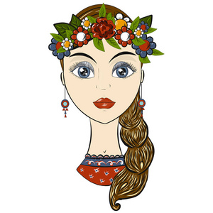 美丽的俄罗斯女孩穿着民族服装,孤立的肖像.卡通风格照片