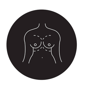 乳房增强黑色矢量概念图标。乳房增强扁平插图, 标志