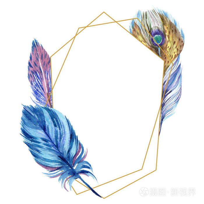 彩色水彩羽毛孤立在白色插图上带有复制空间的框架边框装饰