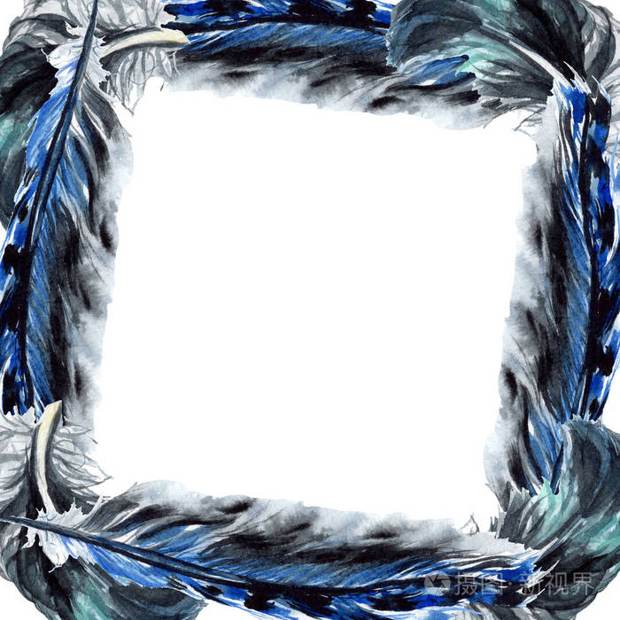 黑色羽毛水彩画带有复制空间的帧边框