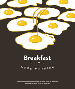 矢量横幅主题早餐时间与热煎蛋，并放置文字在黑色背景复古风格