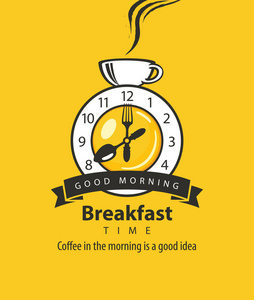 矢量横幅的主题是早餐时间与时钟的形式，煎蛋钟手，叉子和勺子的形式，并与一杯热饮料在黄色背景上的复古风格。