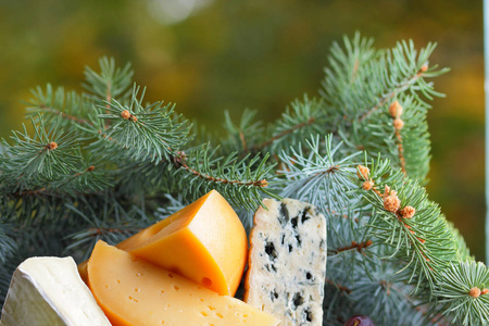 带有圣诞树枝的奶酪和水果。 木制木板上有蓝色奶酪凸轮和硬奶酪。 乳制品梨和葡萄背景模糊。 健康食品