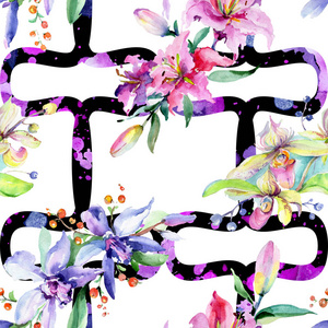 粉红色和紫色的兰花花。 水彩画时尚服装隔离。 无缝背景图案。 织物壁纸印花纹理。