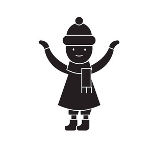 女孩与围巾在冬天黑向量概念图标。女孩与围巾在冬天平的例证, 标志